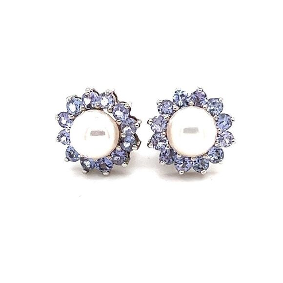 Stunning 14k Flower Shaped Tanzanite & Pearl Stud Earrings - Picture 1 of 16